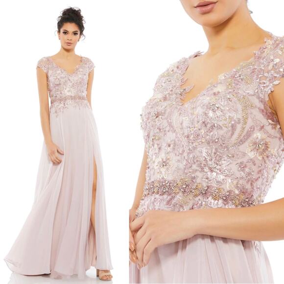 Mac Duggal Gown Embellished Cap Sleeve Bodice Flowy Rose Pink Size 14 NEW 79365 - Picture 1 of 10